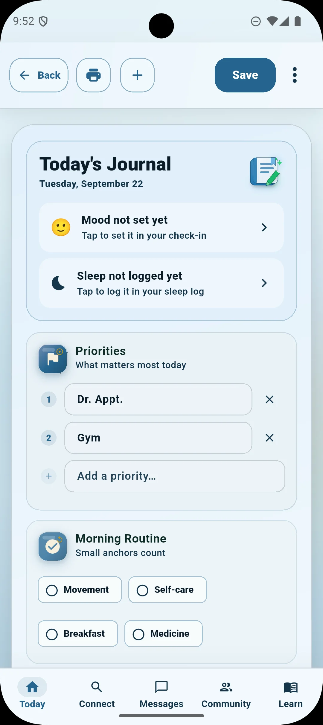 Today’s Journal screen showing priorities, routines, mood, and sleep prompts